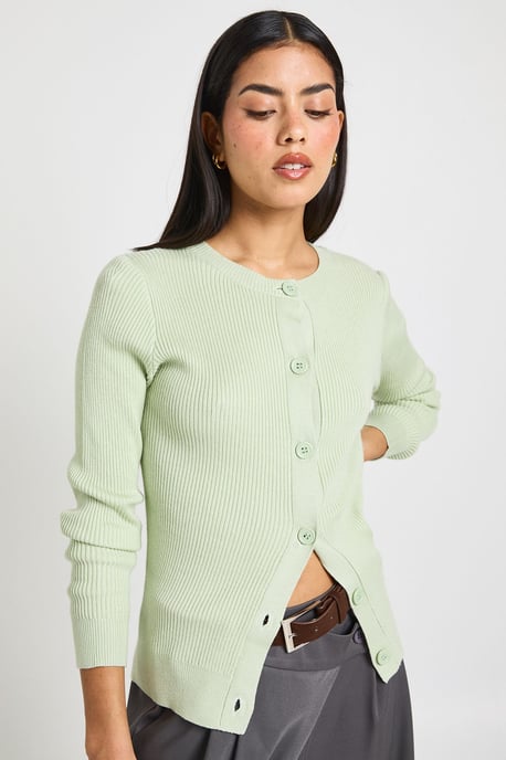 Rib Knit High Neck Button Down Knitted Cardigan - Image 1