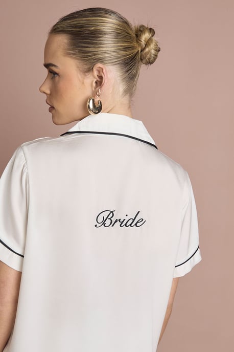 Bridal 'Bride' Satin Embroidered Short Sleeve Shirt & Short Pyjama Set - Image 4