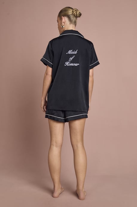 Bridal 'Maid Of Honor' Satin Embroidered Short Sleeve Shirt & Shorts Pyjama Set - Image 3