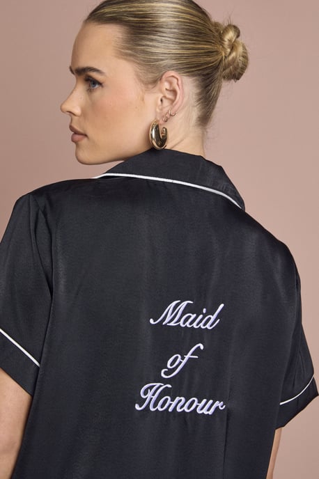 Bridal 'Maid Of Honor' Satin Embroidered Short Sleeve Shirt & Shorts Pyjama Set - Image 4