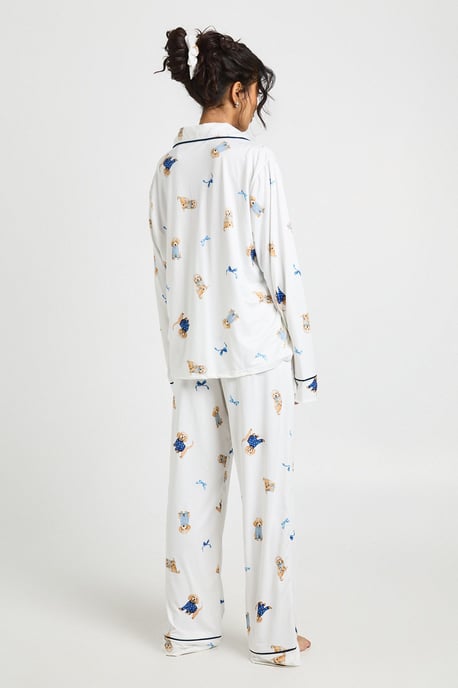Puppy Bow Print Long Sleeve Shirt & Trouser 3 Piece Pyjama Set - Image 2