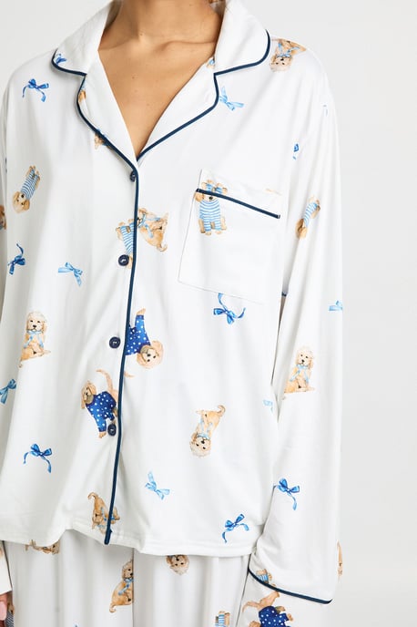 Puppy Bow Print Long Sleeve Shirt & Trouser 3 Piece Pyjama Set - Image 3