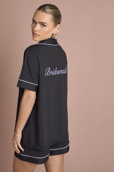 Bridal 'Bridesmaid' Satin Embroidered Short Sleeve Shirt & Short Pyjama Set - Image 1