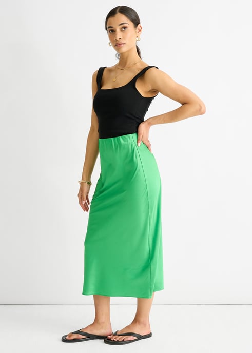 Green Satin High Waist Midi Skirt - Image 3