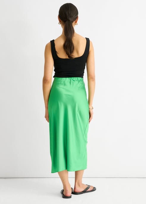 Green Satin High Waist Midi Skirt - Image 4