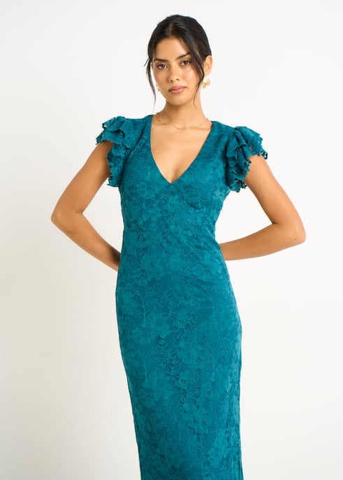Teal Jersey Spets V-ringad Ruffle Maxi Klänning - Image 2