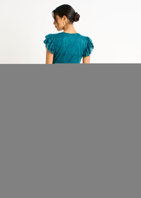 Teal Jersey Spets V-ringad Ruffle Maxi Klänning - Image 4