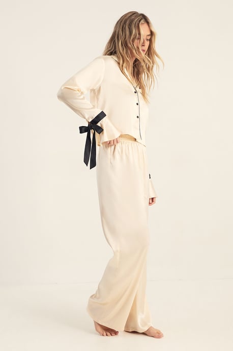 Satin Contrast Tie Cuff Pajama Shirt And Pants Set - Image 3