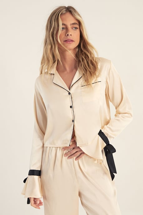 Satin Contrast Tie Cuff Pajama Shirt And Pants Set - Image 5
