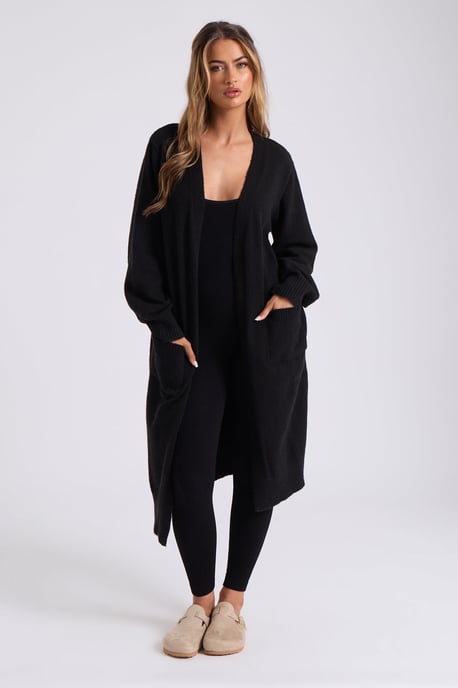 BLACK LONGLINE PATCH POCKET CARDI - Image 1
