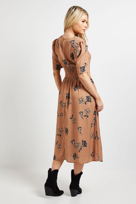 Stone Floral Lace Detail Dropped Waist V Neck Printed Midi Dress - Image 3