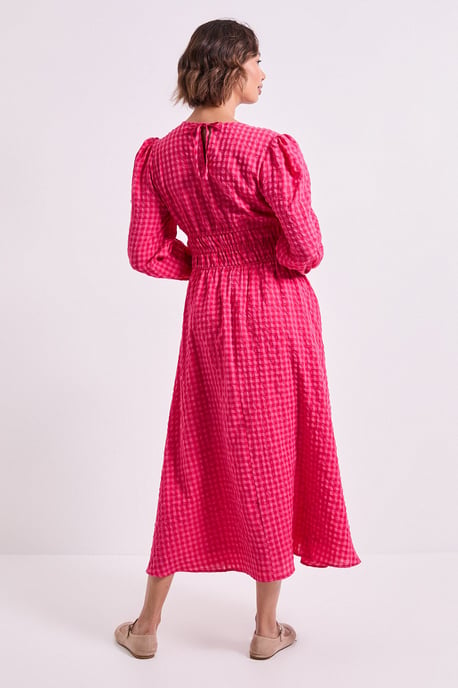 Shirred Waist Tie Detail Gingham Midaxi Dress - Image 3