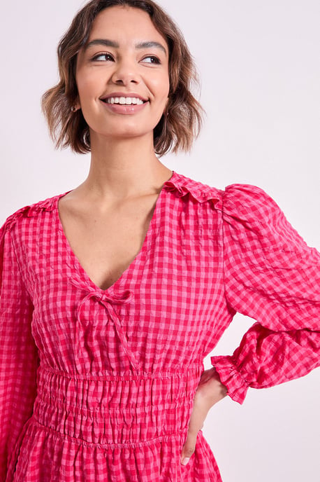 Shirred Waist Tie Detail Gingham Midaxi Dress - Image 4