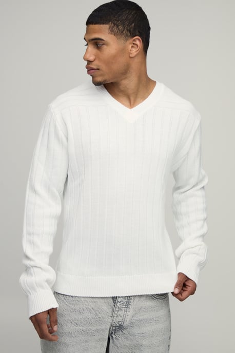 Regular Fit Ribbed V Neck Knitted Jumper - Image 1