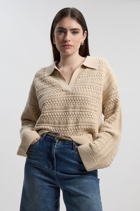 Cotton Collared V Neck Knitted Jumper - Image 1