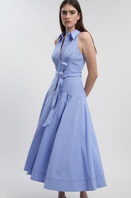 Cotton Collared Stripe Halter Neck Woven Midi Shirt Dress With Dropped Waist Detail - Image 1