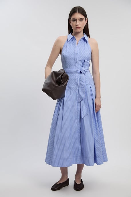 Cotton Collared Stripe Halter Neck Woven Midi Shirt Dress With Dropped Waist Detail - Image 2
