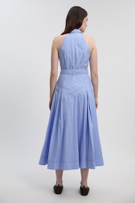 Cotton Collared Stripe Halter Neck Woven Midi Shirt Dress With Dropped Waist Detail - Image 4