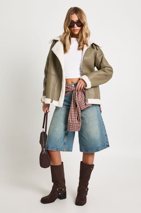 Teddy Trim Bonded Faux Leather Aviator Jacket - Image 3