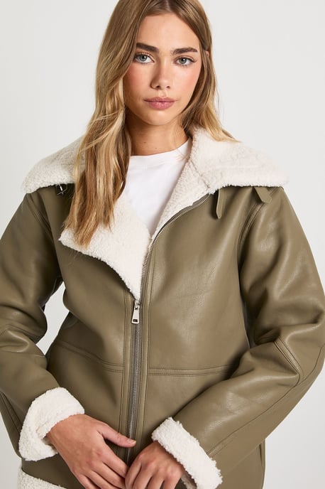 Teddy Trim Bonded Faux Leather Aviator Jacket - Image 4