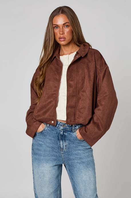 Urban Bliss Chocolate Suede Collared Bubble Hem Jacket - Image 1