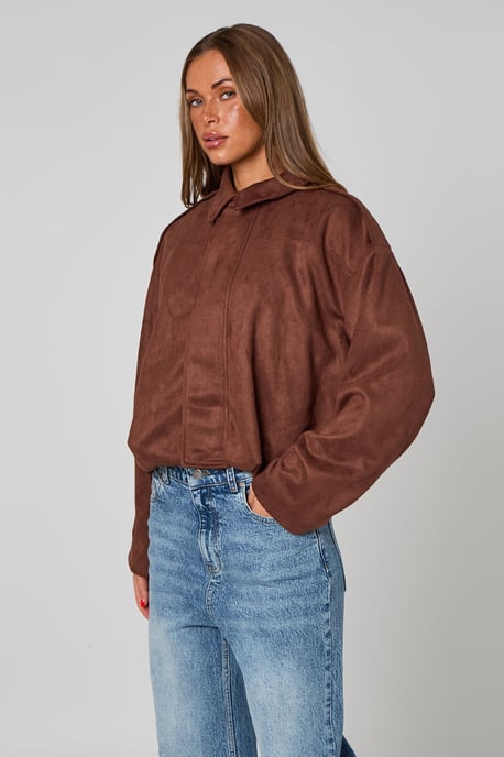 Urban Bliss Chocolate Suede Collared Bubble Hem Jacket - Image 3