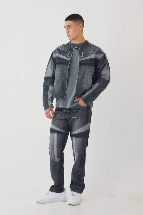 Straight Leg Moto Applique Jeans - Image 1