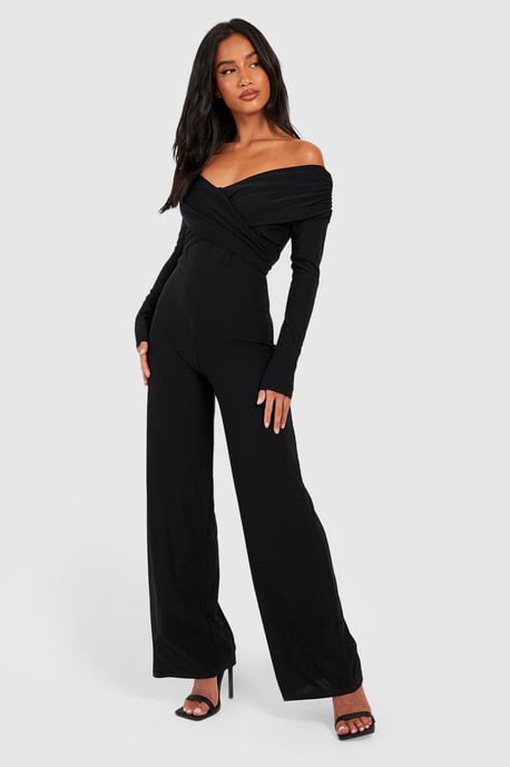 Petite Premium Slinky Twist Front Bardot Jumpsuit - Image 1