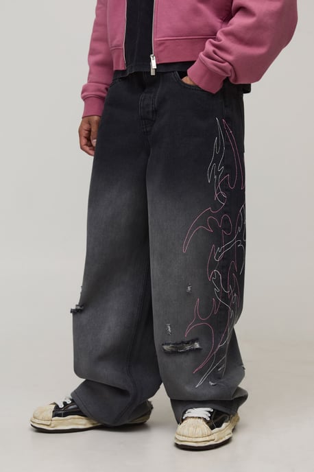 Baggy Fit Embroidered Tribal Washed Jeans - Image 1