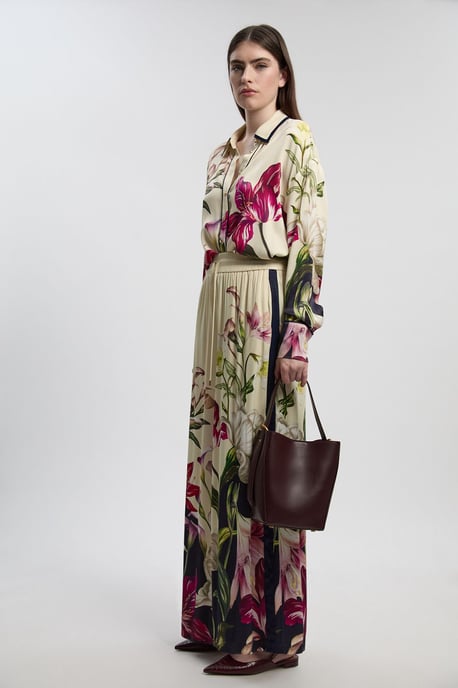 Viscose Satin Floral Print Wide Leg Woven Trouser - Image 1