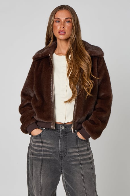 CHOCOLATE Fur Bomber Jacket - Image 1