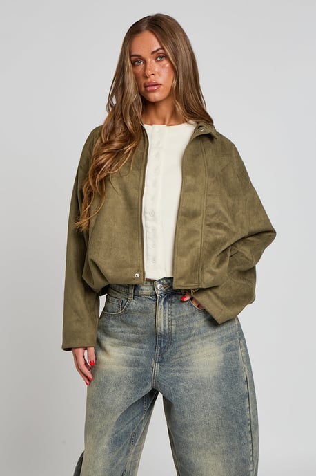 Urban Bliss Khaki Suede Collared Bubble Hem Jacket - Image 1