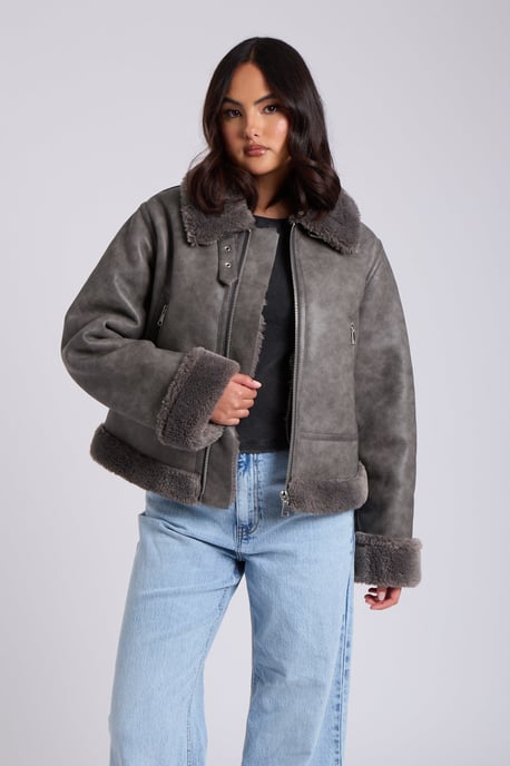 Black Cropped Bonded Aviator Jacket - Image 1