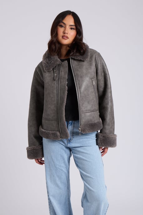 Black Cropped Bonded Aviator Jacket - Image 2