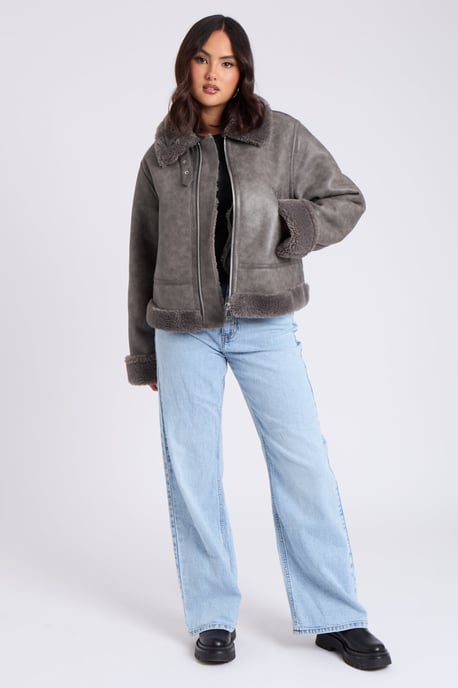 Black Cropped Bonded Aviator Jacket - Image 3