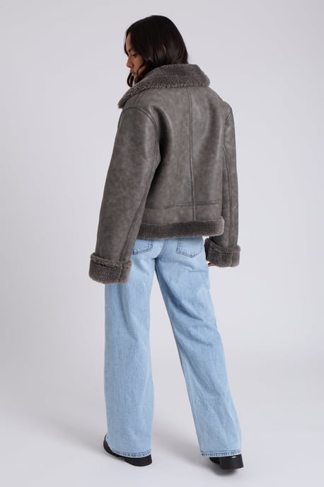 Black Cropped Bonded Aviator Jacket - Image 4