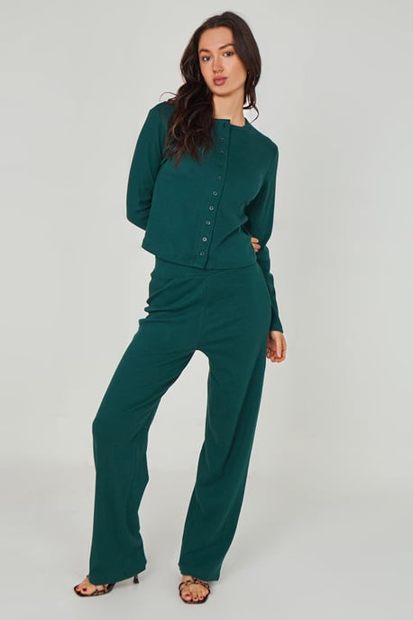 Green Ribbed Wide Leg Trouser - Image 1