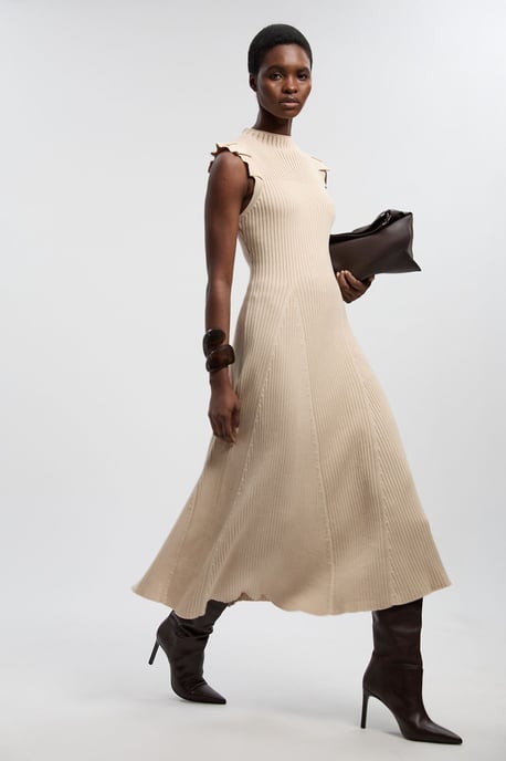 Pointelle Frill Sleeve Knit Midi Dress - Image 2