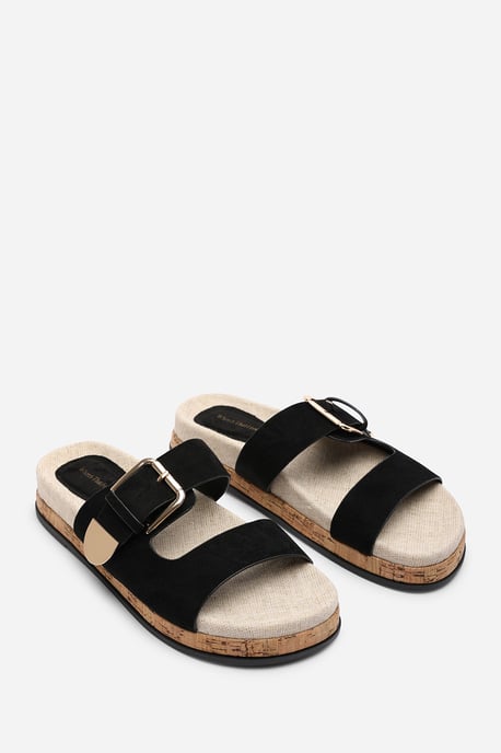 Where's That From Women Avenue Buckle Footbed Black Suede Sandal - Image 4