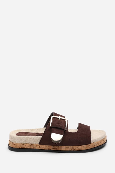 Where's That From Women Avenue Buckle Footbed Dark Brown Suede Sandal - Image 2