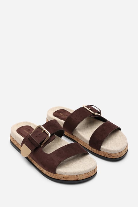 Where's That From Women Avenue Buckle Footbed Dark Brown Suede Sandal - Image 4