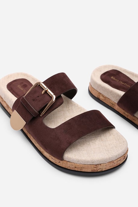 Where's That From Women Avenue Buckle Footbed Dark Brown Suede Sandal - Image 5