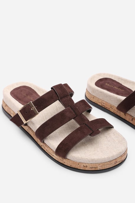 Where's That From Women Bambi Multi Strap Footbed Dark Brown Suede Sandal - Image 5