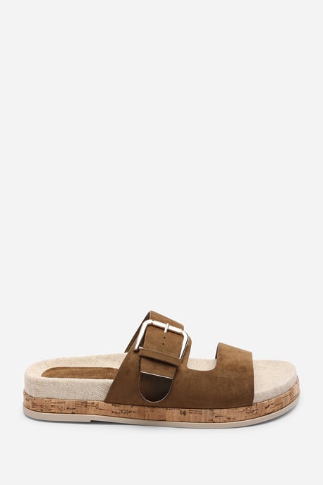 Where's That From Women Avenue Large Buckle Footbed Khaki Suede Sandal - Image 2