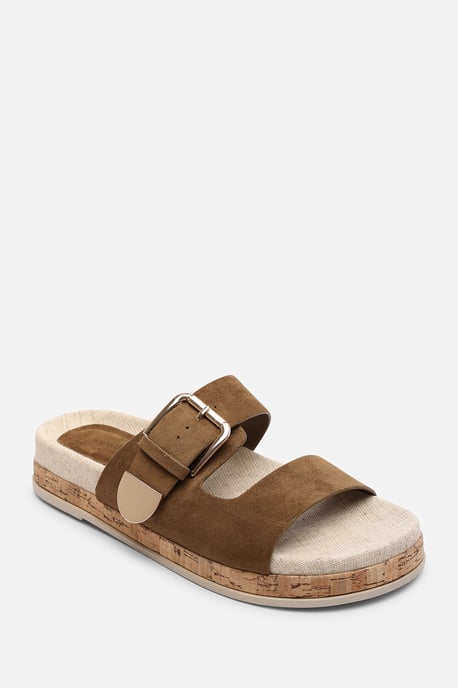 Where's That From Women Avenue Large Buckle Footbed Khaki Suede Sandal - Image 3