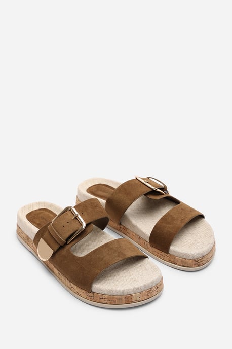 Where's That From Women Avenue Large Buckle Footbed Khaki Suede Sandal - Image 4