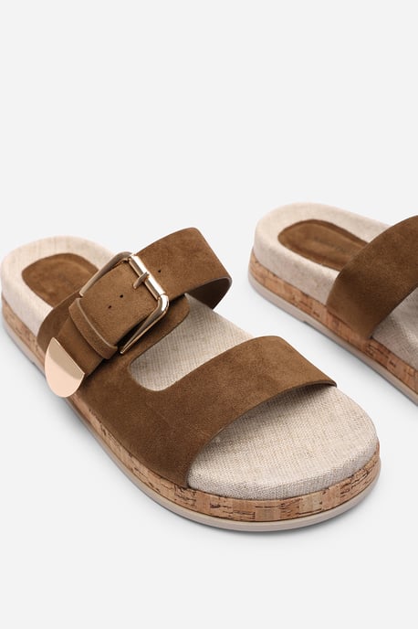 Where's That From Women Avenue Large Buckle Footbed Khaki Suede Sandal - Image 5