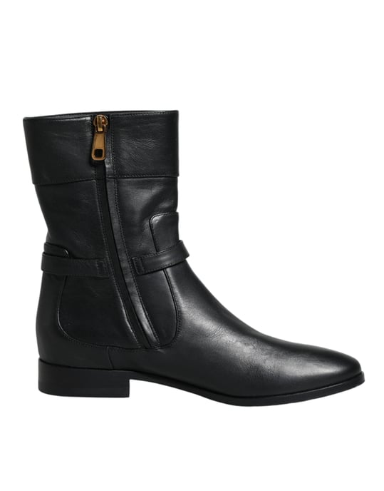 Dolce & Gabbana Zwarte Leren Logo Midden Kuit Laarzen Schoenen - Image 1