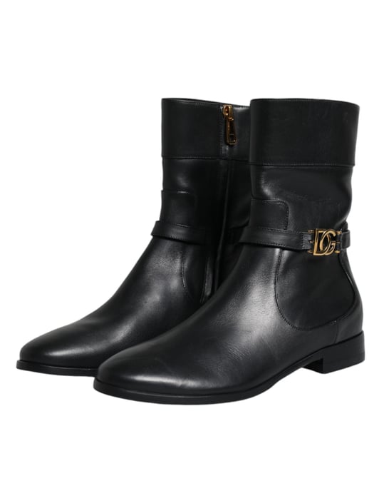 Dolce & Gabbana Zwarte Leren Logo Midden Kuit Laarzen Schoenen - Image 4