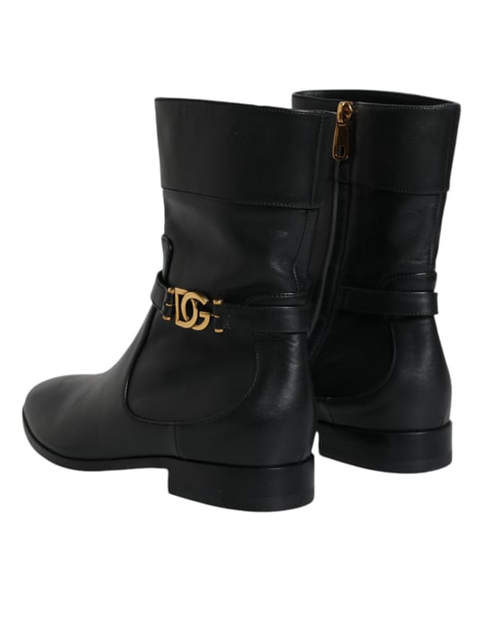 Dolce & Gabbana Zwarte Leren Logo Midden Kuit Laarzen Schoenen - Image 5